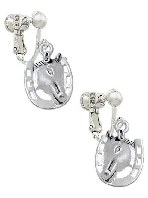Horse Head with Horseshoe - 2 Sided Clip On Earrings