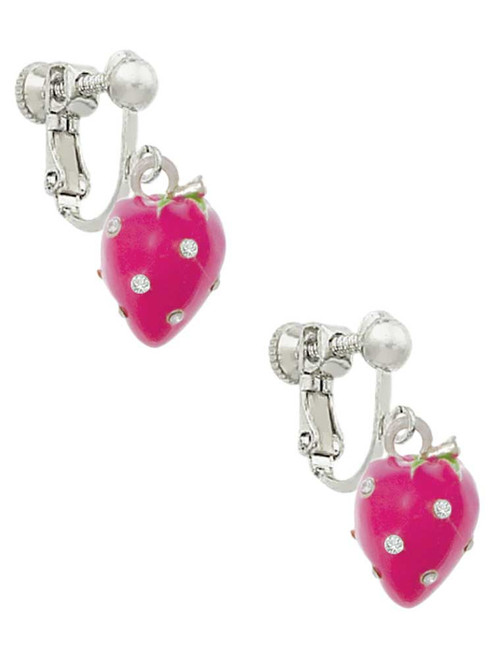 Large 3-D Hot Pink Strawberry with Crystals Clip On Earrings