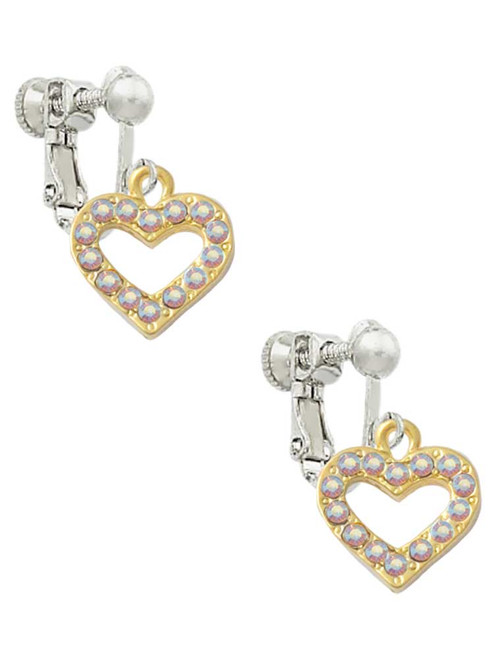 Gold Tone AB Crystal Open Heart Clip On Earrings