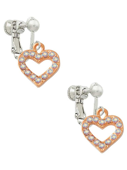 Rose Gold Tone AB Crystal Open Heart Clip On Earrings