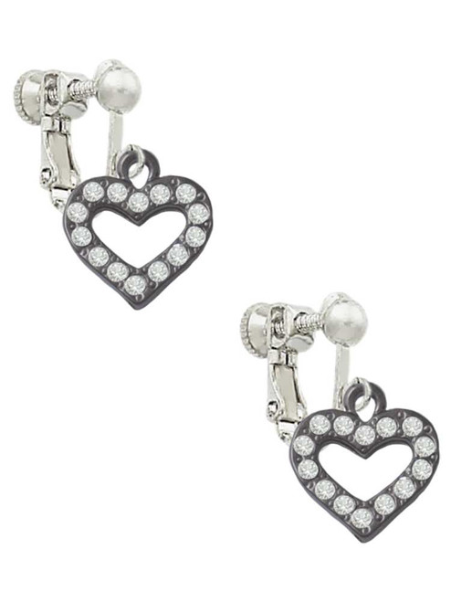Black Nickel Plated Crystal Open Heart Clip On Earrings
