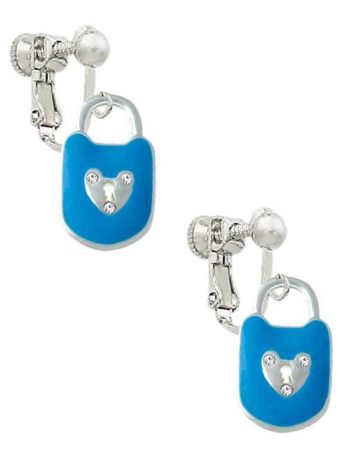 Hot Blue Enamel Lock with Clear Crystals Clip On Earrings
