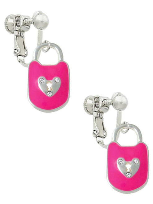 Hot Pink Enamel Lock with Clear Crystals Clip On Earrings