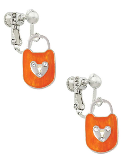 Hot Orange Enamel Lock with Clear Crystals Clip On Earrings