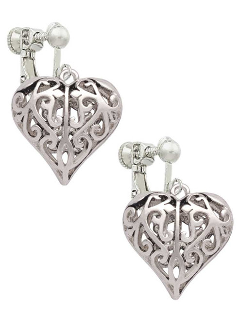 Large Open Filigree Heart Clip On Earrings