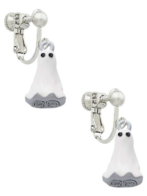 3-D White Ghost with Black Crystals Clip On Earrings