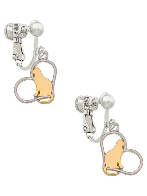 Two Tone Cat Silhouette Heart Clip On Earrings