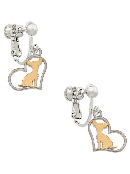 Two Tone Chihuahua Silhouette Heart Clip On Earrings