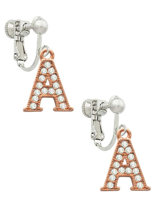 Crystal Rose Gold Tone Initial - A - Clip On Earrings