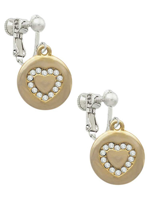 Gold Tone Disc with Crystal Heart Clip On Earrings