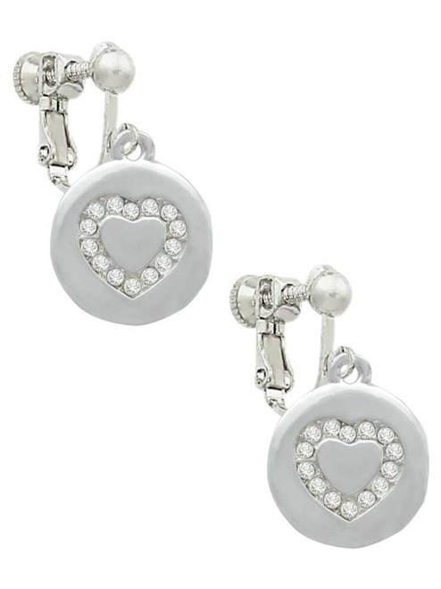 Disc with Crystal Heart Clip On Earrings