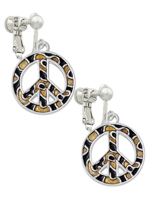 Large Brown Cheetah Print Peace Sign Clip On Earrings