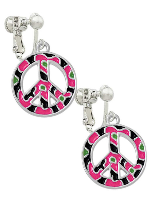 Large Hot Pink Cheetah Print Peace Sign Clip On Earrings