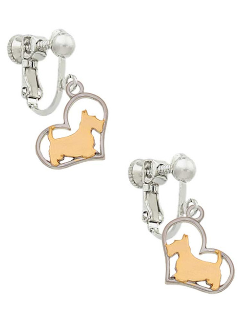 Two Tone Scottie Dog Silhouette Heart Clip On Earrings