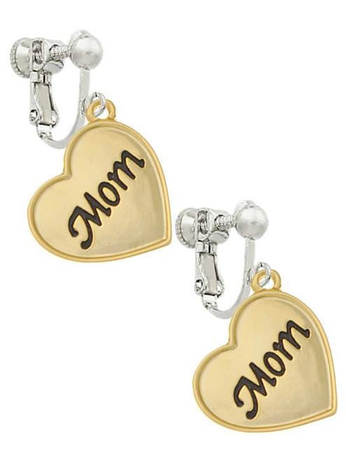 Gold Tone Script Mom Heart Clip On Earrings
