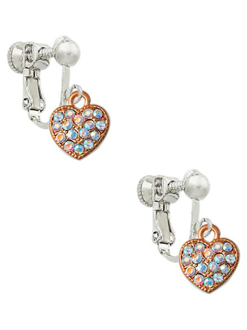 Small Rose Gold Tone Heart with Clear AB Crystals Clip On Earrings