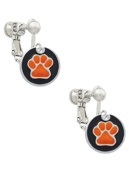 Orange Paw on Black Disc Clip On Earrings