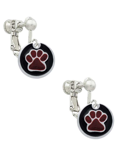 Maroon Paw on Black Disc Clip On Earrings