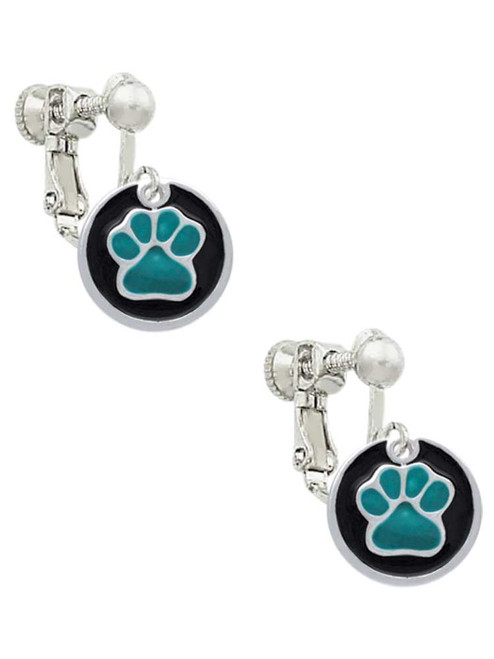 Teal Paw on Black Disc Clip On Earrings