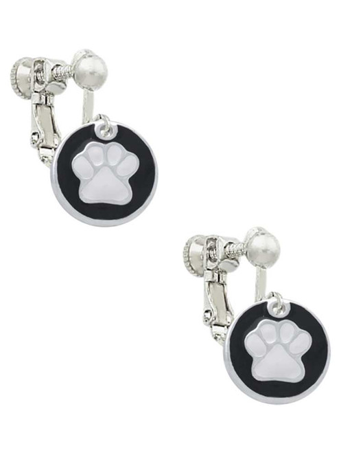 White Paw on Black Disc Clip On Earrings