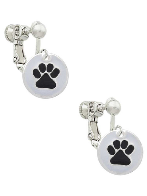 Black Paw on White Disc Clip On Earrings