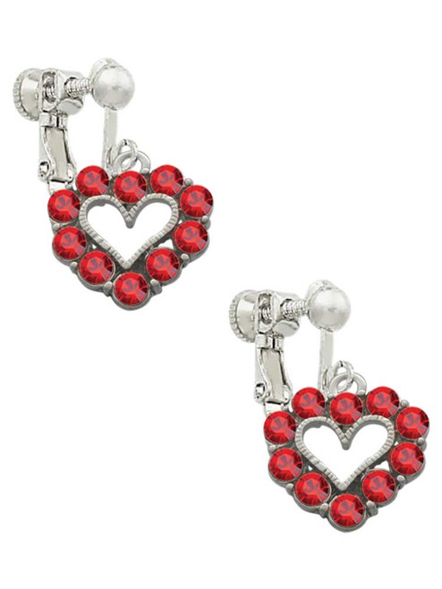 Open Heart with Red Crystal Border Clip On Earrings