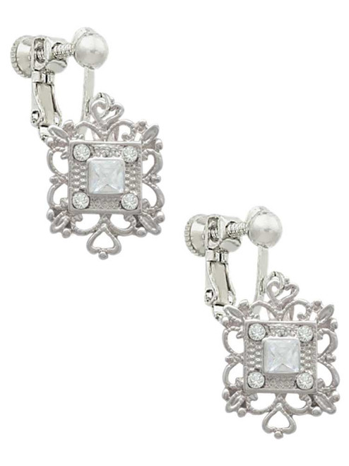 Square AB Crystal with Filigree Clip On Earrings