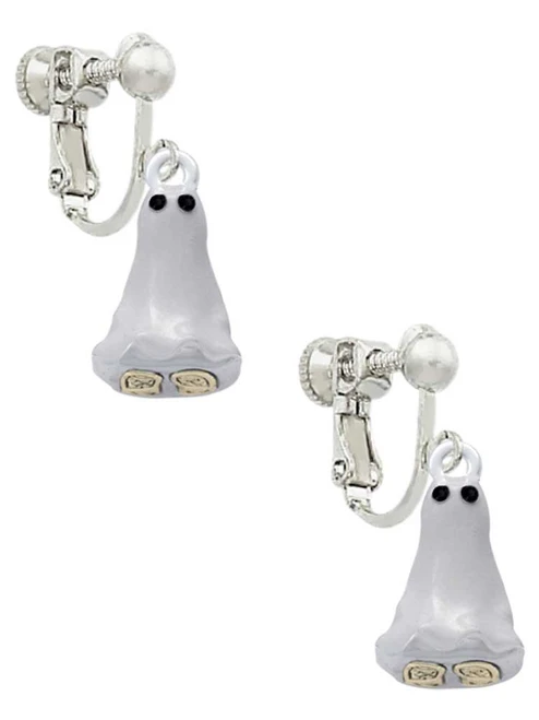 3-D Ghost with Black Crystals Clip On Earrings