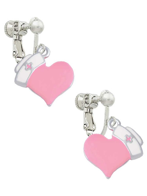 Pink Heart with Nurse Hat Clip On Earrings