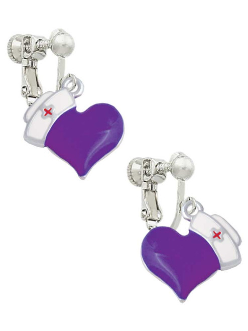 Purple Heart with Nurse Hat Clip On Earrings