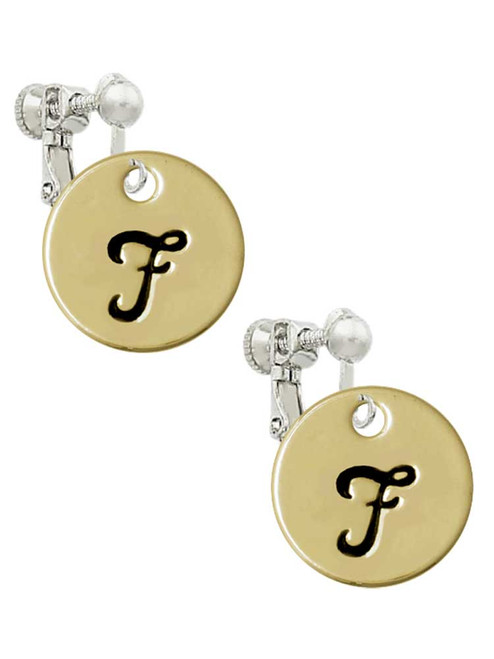 Large Gold Tone Disc Letter - F - 3/4'' Clip On Earrings