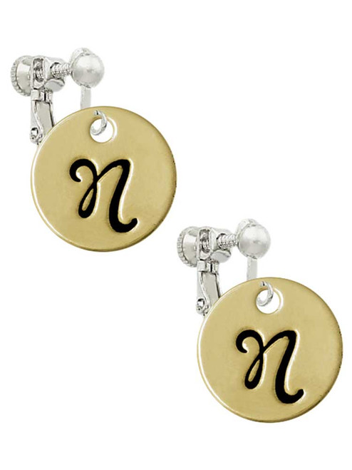 Large Gold Tone Disc Letter - N - 3/4'' Clip On Earrings
