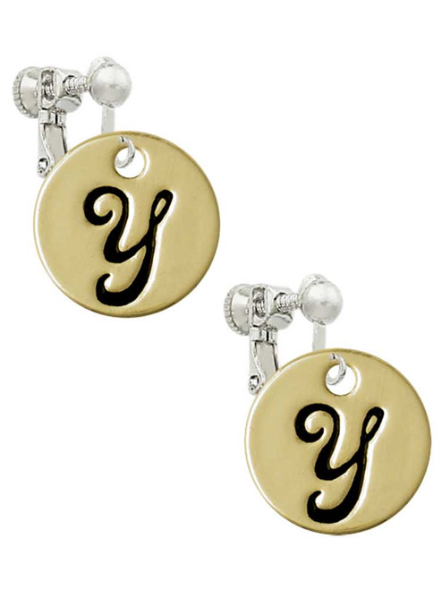 Large Gold Tone Disc Letter - Y - 3/4'' Clip On Earrings