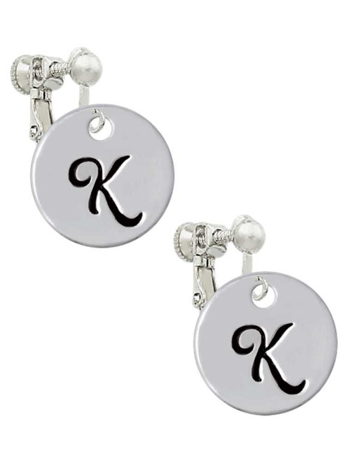 Large Script Letter - K - 3/4'' Disc - Clip On Earrings