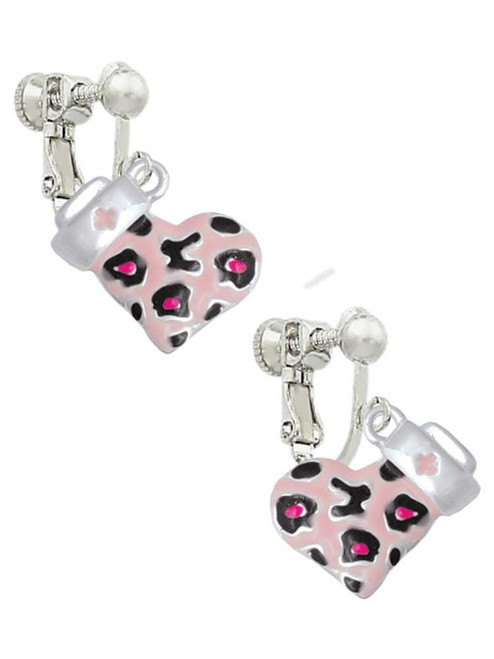 Pink Cheetah Print Heart with Nurse Hat Clip On Earrings