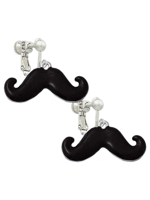 Large Black Enamel Mustache Clip On Earrings