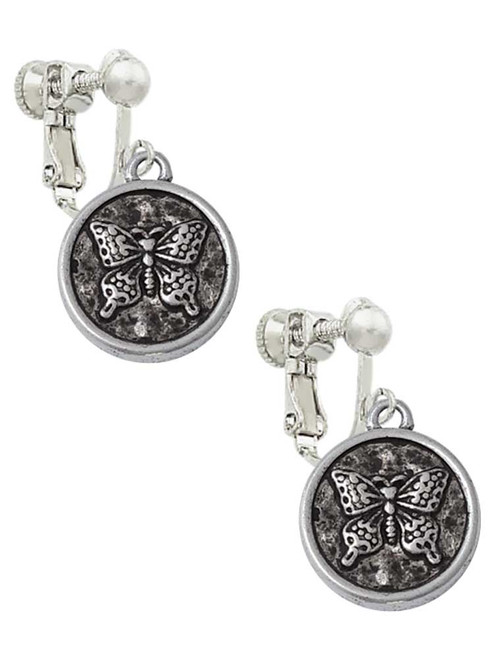 Antiqued Round Seal - Butterfly Clip On Earrings