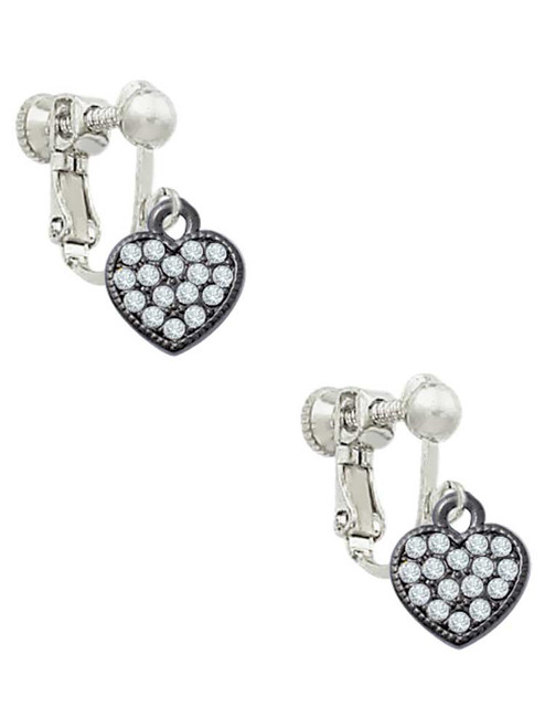 Small Black Heart with Clear Crystals Clip On Earrings