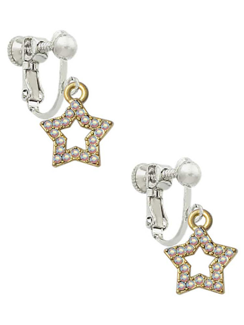 Open Gold Tone Star with Clear AB Crystals Clip On Earrings