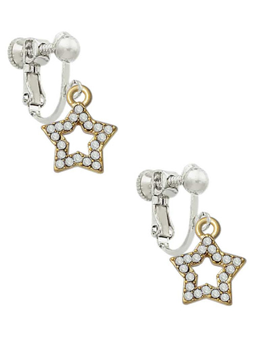 Open Gold Tone Star with Clear Crystals Clip On Earrings