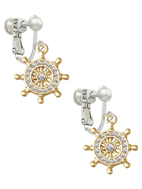 Gold Tone Crystal Ship Wheel Clip On Earrings