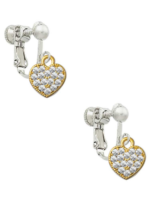 Small Gold Tone Heart with Clear Crystals Clip On Earrings
