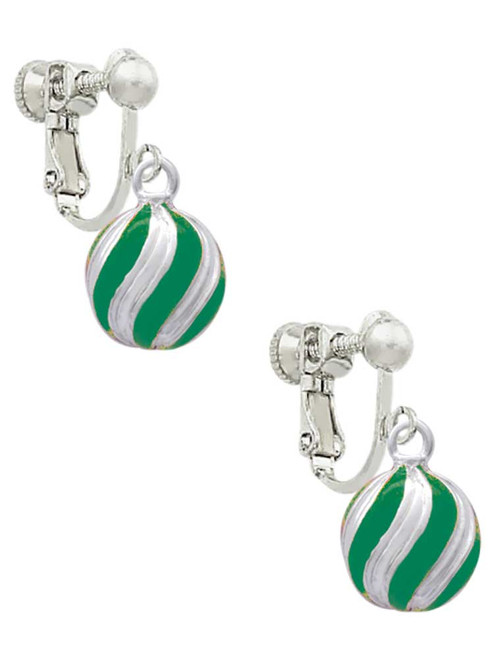3-D Green and Striped Ornament Clip On Earrings