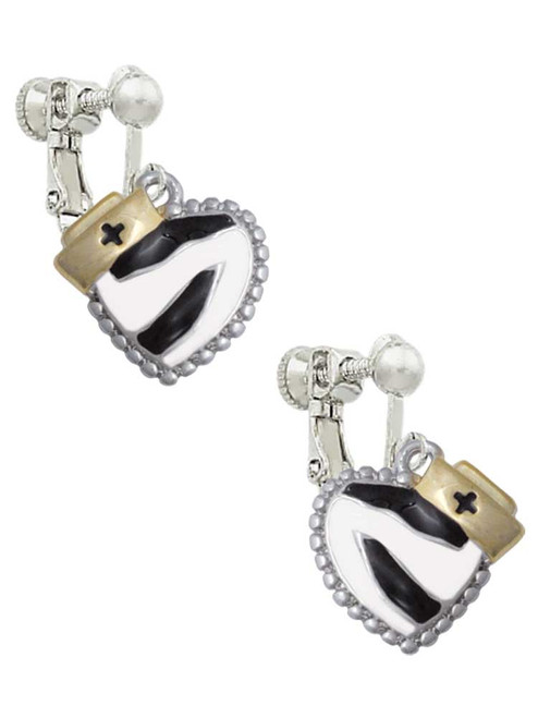 Zebra Print Heart with Nurse Hat Clip On Earrings