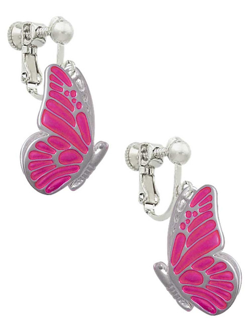 Large Translucent Hot Pink Flying Butterfly Clip On Earrings