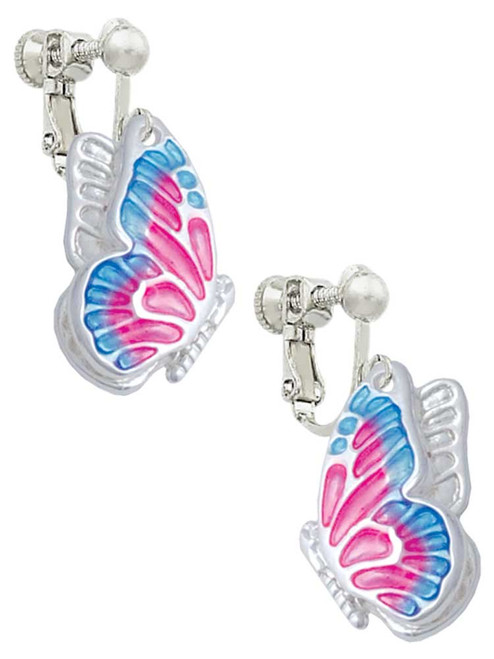 Large Translucent Hot Pink & Blue Flying Butterfly Clip On Earrings