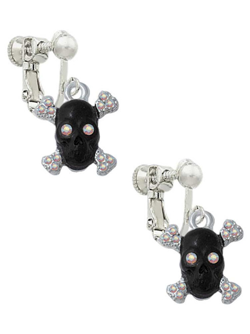 Small Black Resin Skull with AB Crystals Clip On Earrings