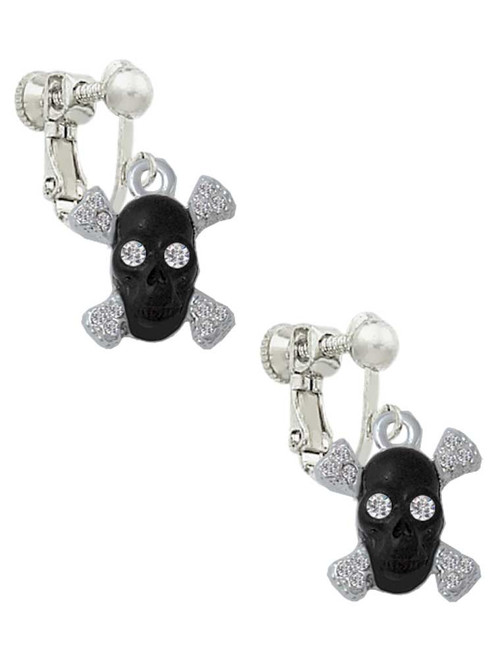 Small Black Resin Skull with Clear Crystals Clip On Earrings