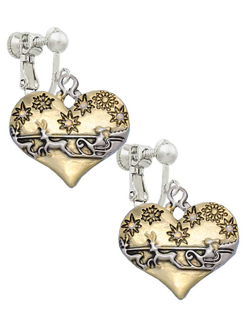 Large Flying Santa on Gold Tone Heart Clip On Earrings