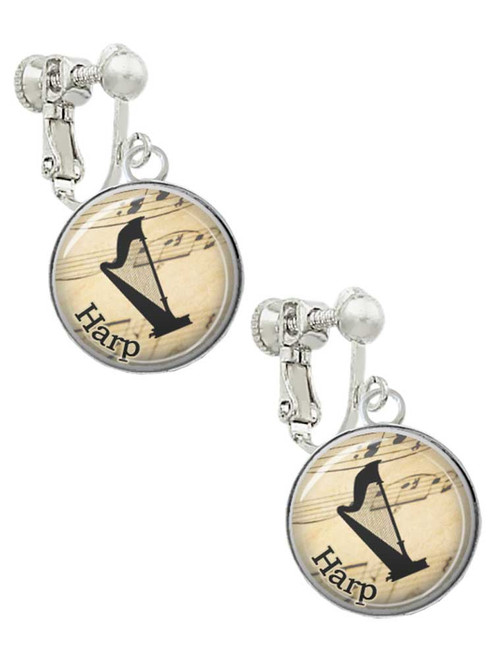 Domed Music - Harp Clip On Earrings